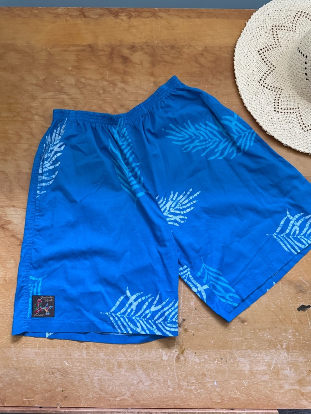 Caribelle Batik Tropical Shorts Blue Resort Elastic Waist Pockets 90s